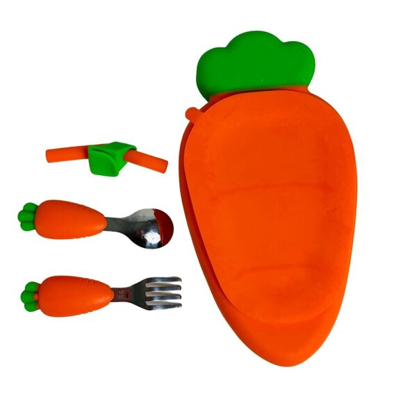 Healthy Eating Toddler Carrot Plate Shaped Silicone Feeding Set Utensils Straw - Picture 2 of 14